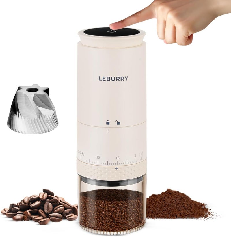LEBURRY Burr Coffee Grinder - Portable Espresso Grinder with Stainless Steel Conical Mill for Travel, Camping - Cordless/Rechargeable Electric Coffee Bean Grinders with 38 Adjustable Grind Settings - Image 1